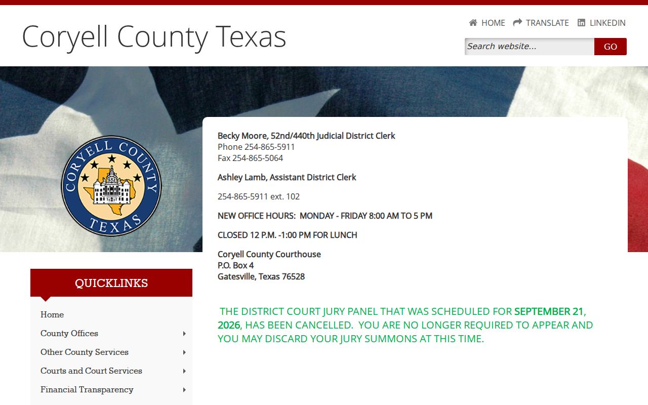 Coryell County arrest warrant records, District Clerk contact route