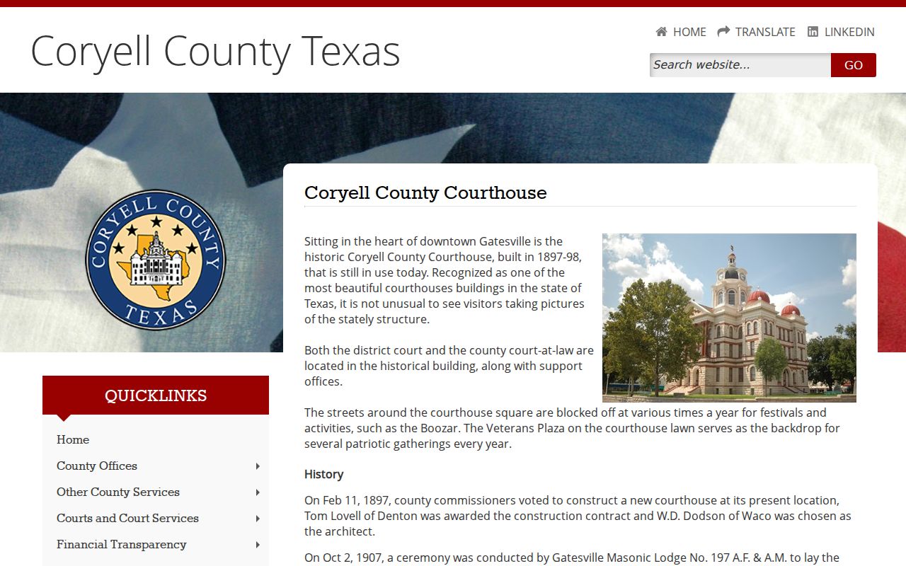 Coryell County warrant records, historic courthouse exterior and county seat context