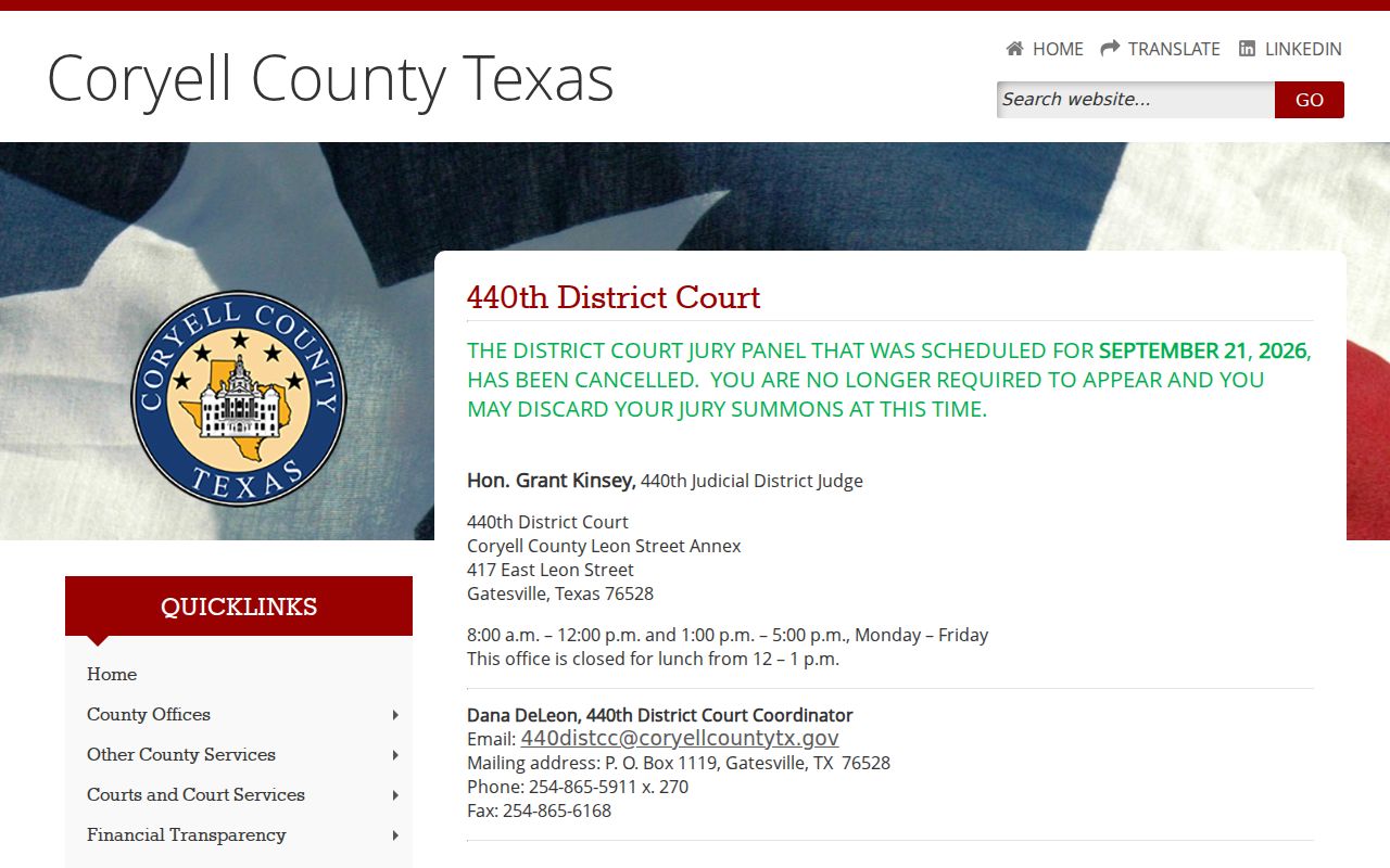 Coryell County arrest warrant records, 440th District Court Annex contact block