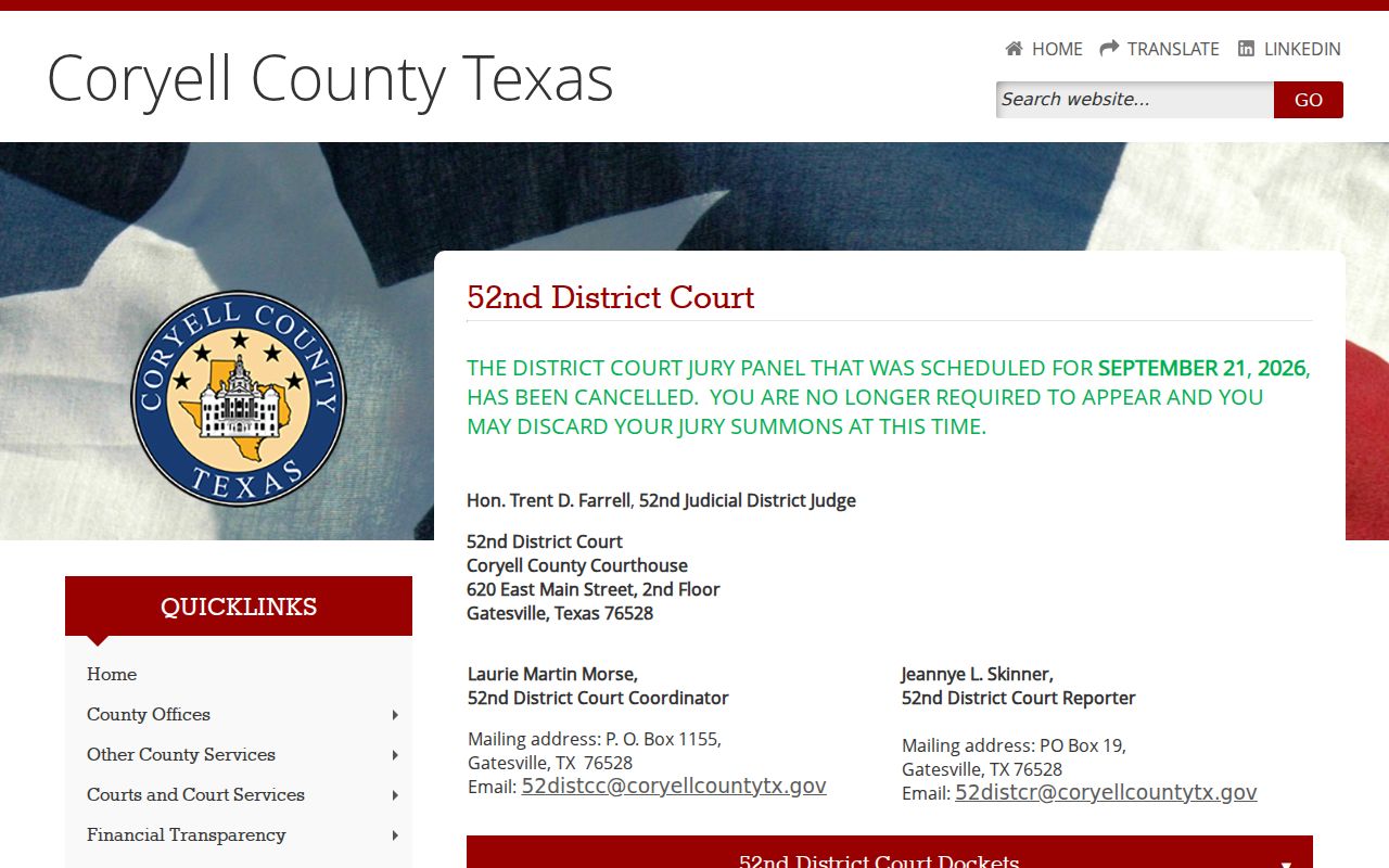 Coryell County arrest warrant records, 52nd District Court contact block