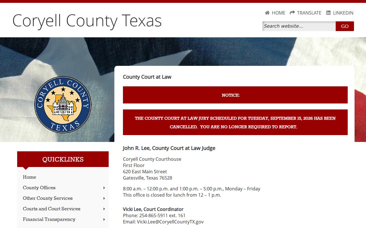 Coryell County arrest warrant records, County Court at Law contact information