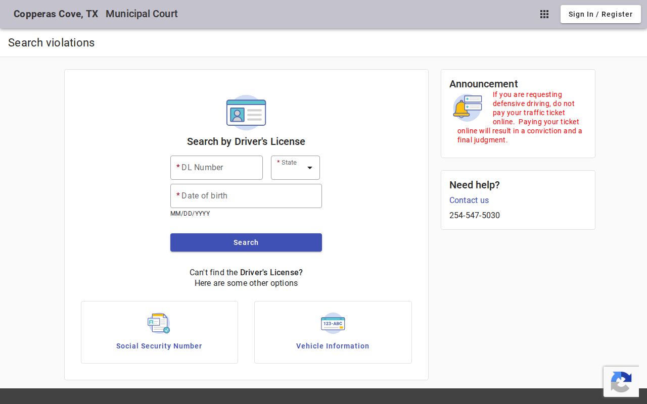 Coryell County warrant search, Copperas Cove citation portal search modes