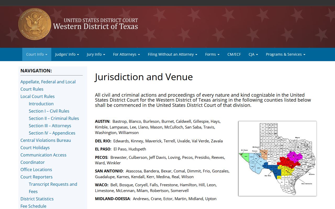 Coryell County warrant records, Western District federal venue table for Waco