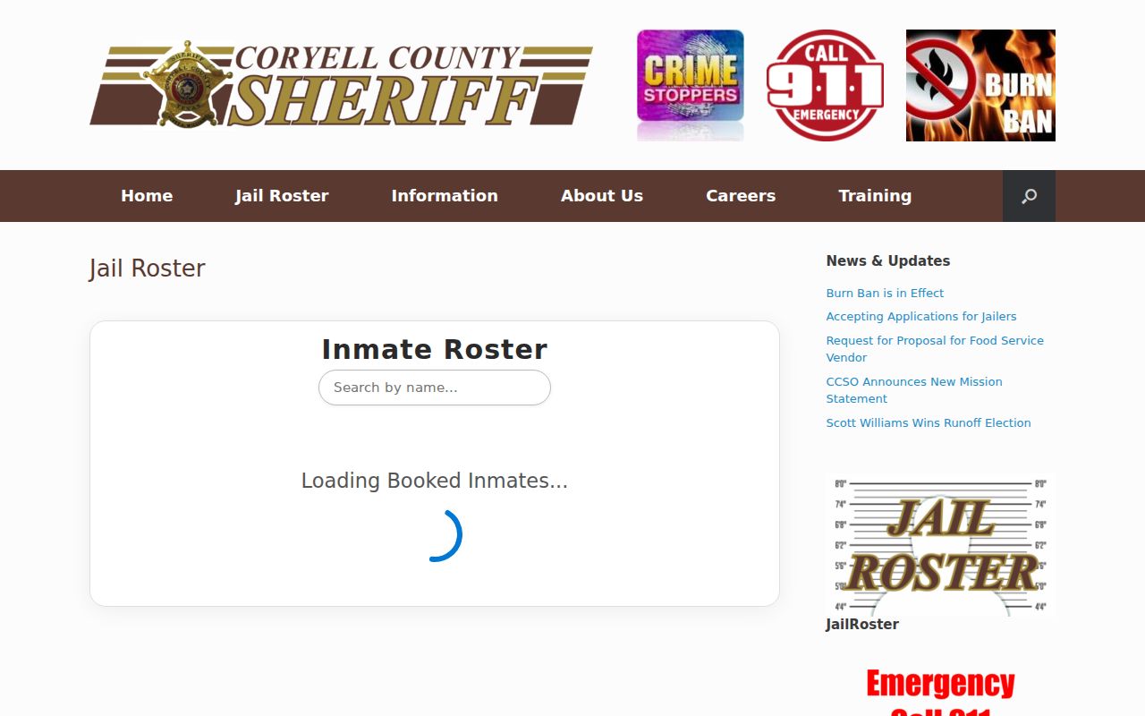 Coryell County active warrant records, official jail roster page shell