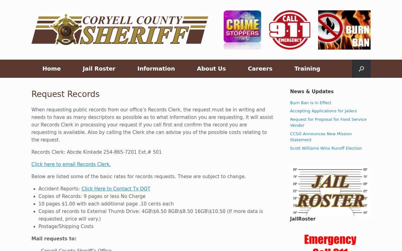 Coryell County warrant records, sheriff public-record request instructions