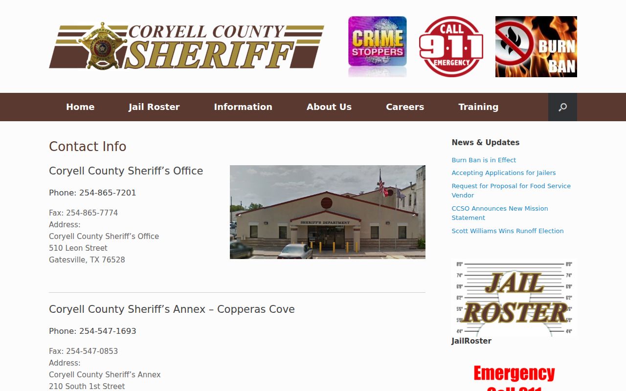 Coryell County most wanted records, official sheriff contact source
